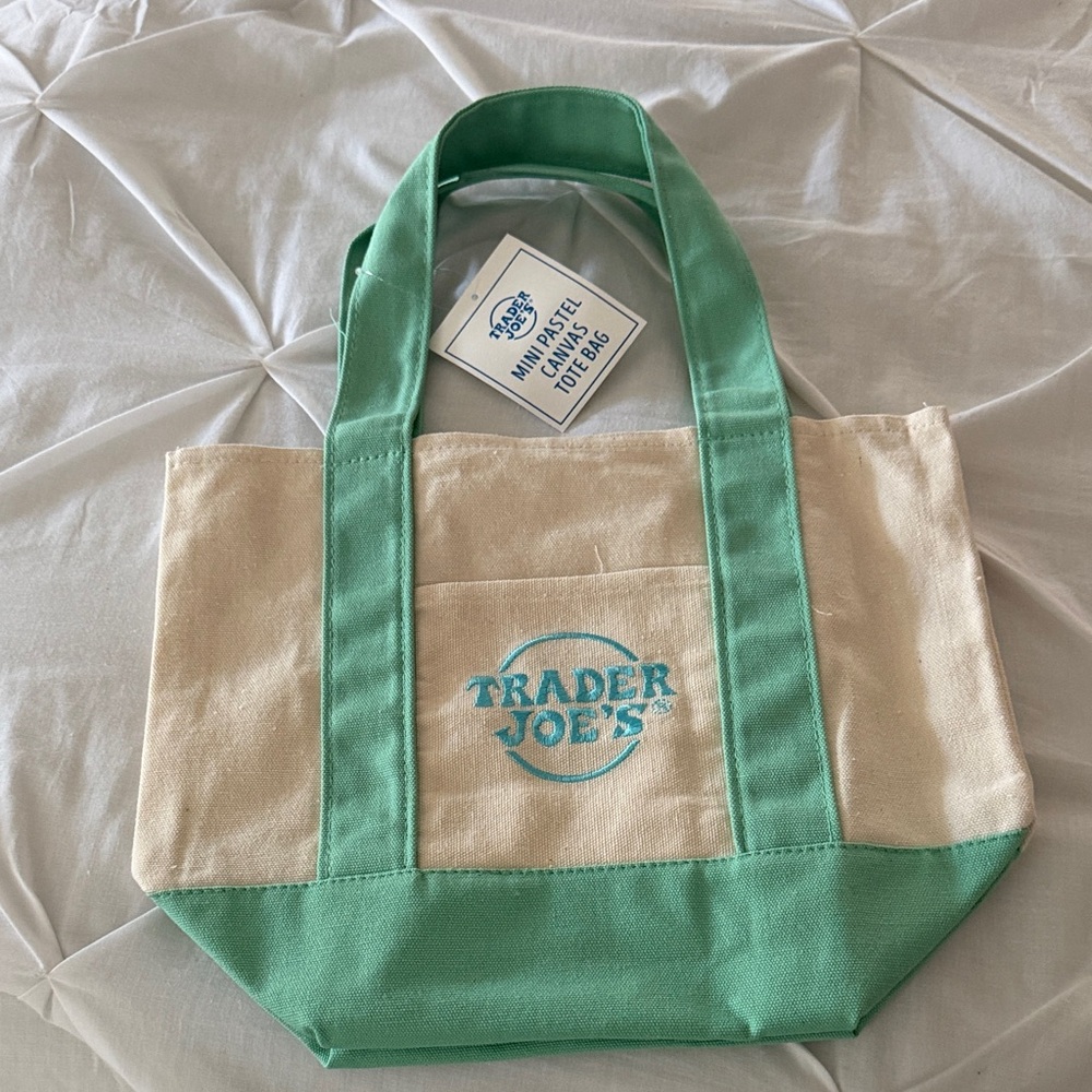 Trader Joe's Green and Cream Canvas Tote Bag